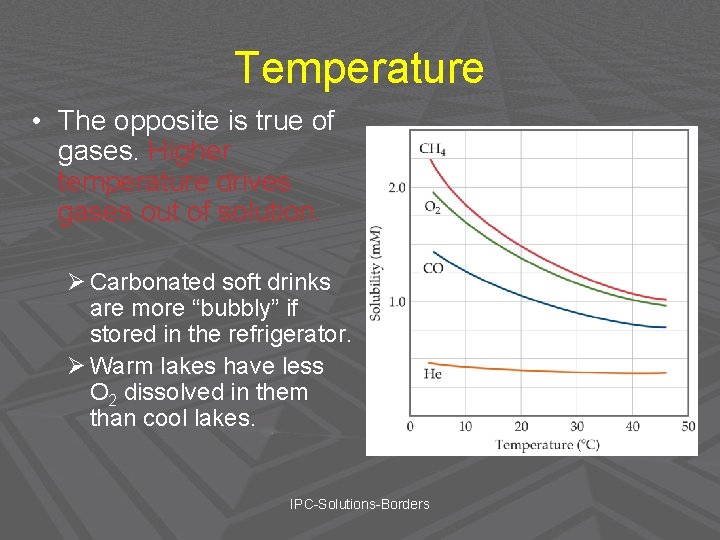 Temperature • The opposite is true of gases. Higher temperature drives gases out of