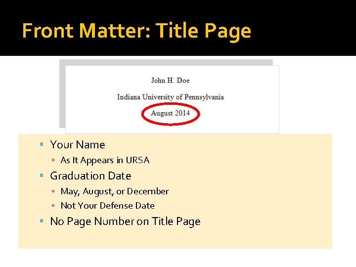 Front Matter: Title Page Your Name ▪ As It Appears in URSA Graduation Date