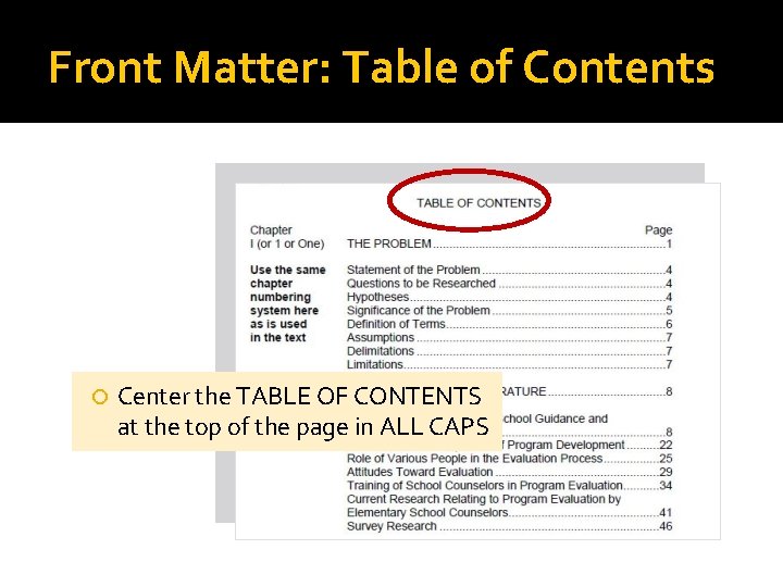 Front Matter: Table of Contents Center the TABLE OF CONTENTS at the top of