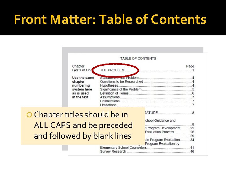 Front Matter: Table of Contents Chapter titles should be in ALL CAPS and be