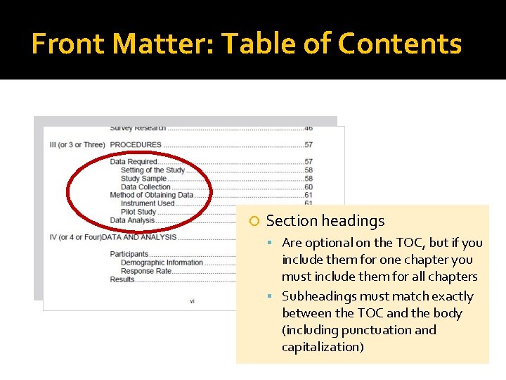 Front Matter: Table of Contents Section headings Are optional on the TOC, but if