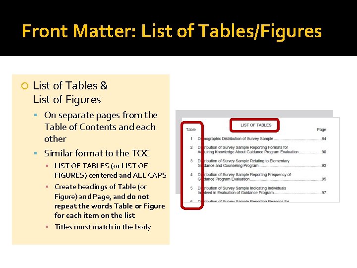 Front Matter: List of Tables/Figures List of Tables & List of Figures On separate