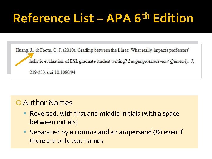 Reference List – APA th 6 Edition Author Names Reversed, with first and middle