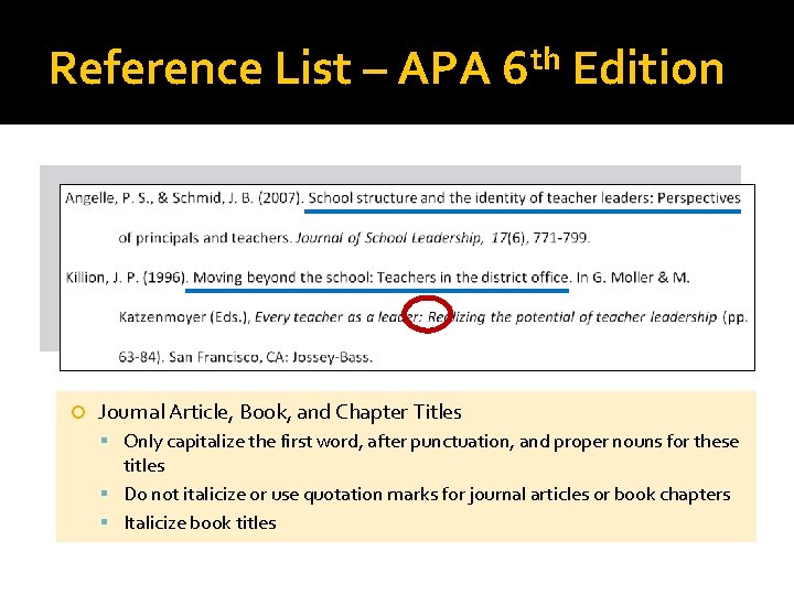 Reference List – APA th 6 Edition Journal Article, Book, and Chapter Titles Only