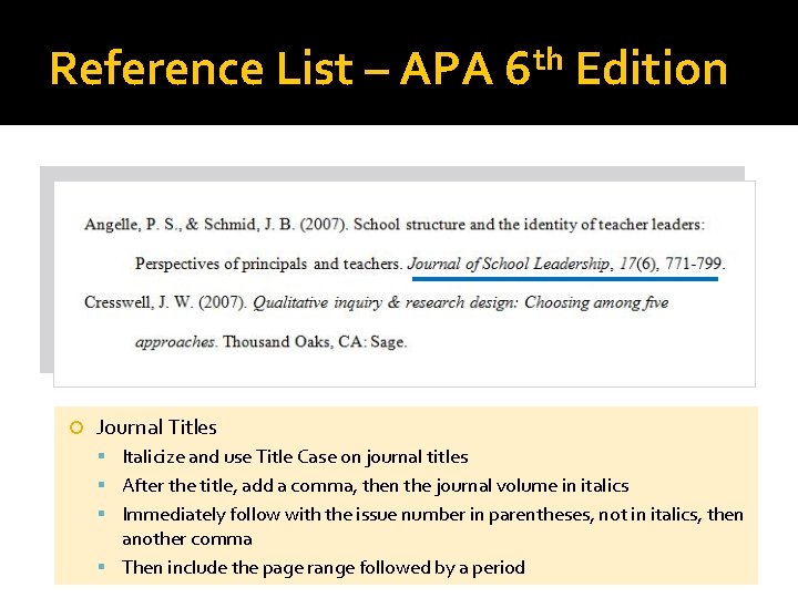 Reference List – APA th 6 Edition Journal Titles Italicize and use Title Case