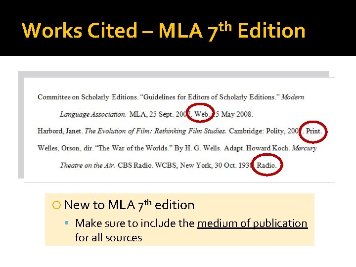 Works Cited – MLA th 7 Edition New to MLA 7 th edition Make