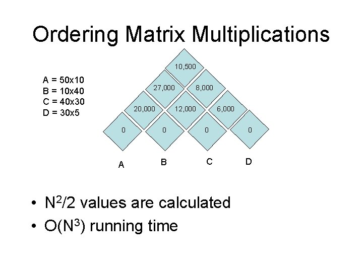 Ordering Matrix Multiplications 10, 500 A = 50 x 10 B = 10 x