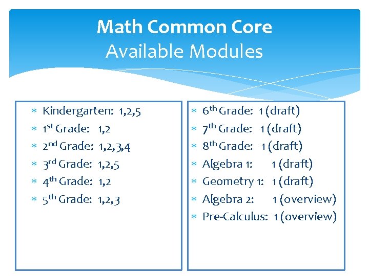 Math Common Core Available Modules Kindergarten: 1, 2, 5 1 st Grade: 1, 2