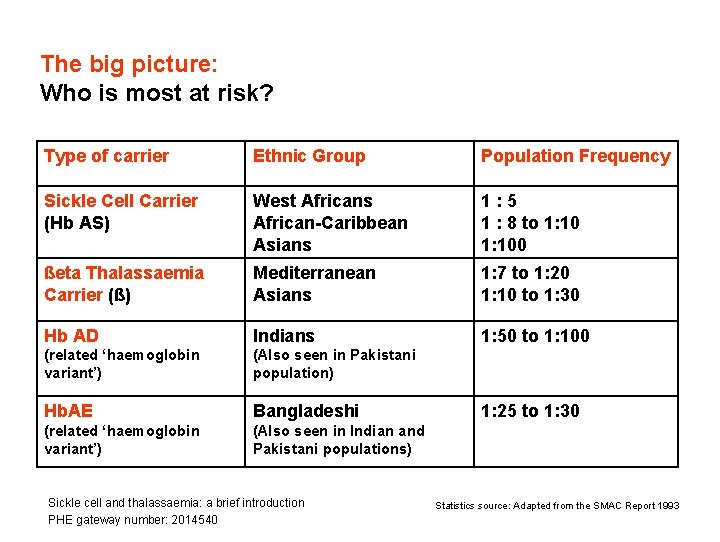 The big picture: Who is most at risk? Type of carrier Ethnic Group Population