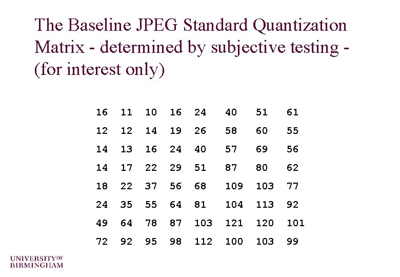 The Baseline JPEG Standard Quantization Matrix - determined by subjective testing (for interest only)