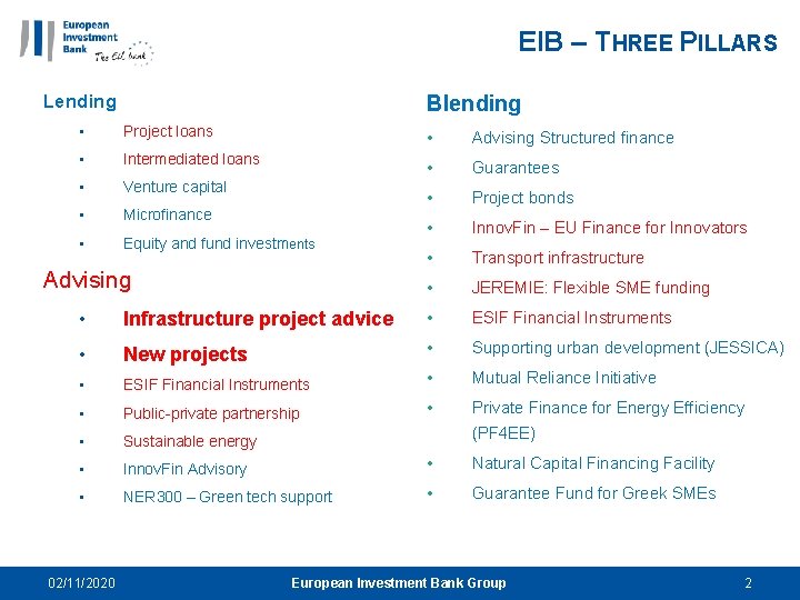 EIB – THREE PILLARS Lending Blending • Project loans • Advising Structured finance •