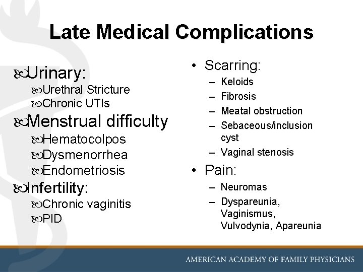 Late Medical Complications Urinary: Urethral Stricture Chronic UTIs Menstrual difficulty Hematocolpos Dysmenorrhea Endometriosis Infertility:
