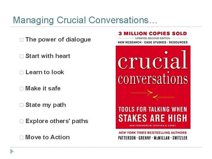 Managing Crucial Conversations… � The power of dialogue � Start with heart � Learn