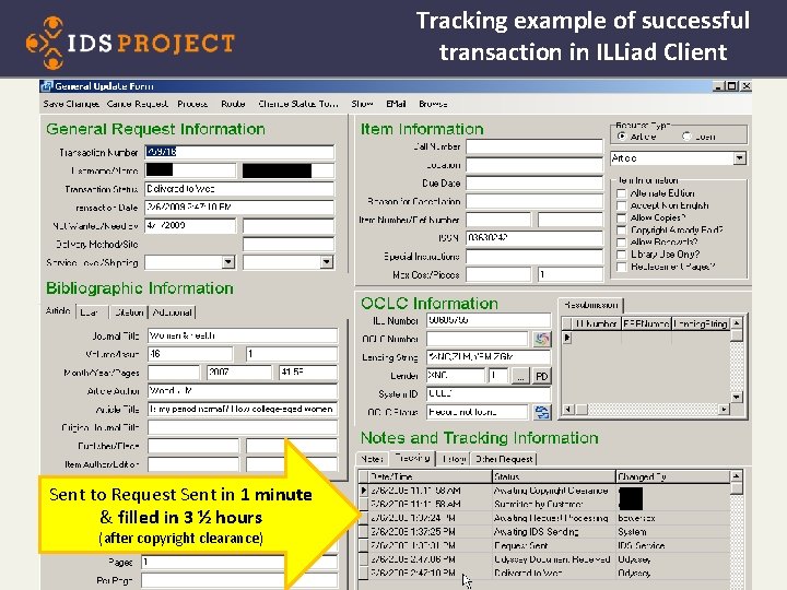 Tracking example of successful transaction in ILLiad Client Sent to Request Sent in 1