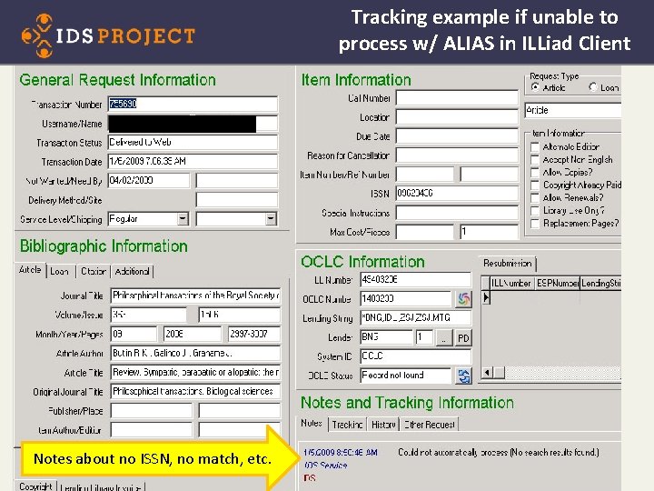 Tracking example if unable to process w/ ALIAS in ILLiad Client Notes about no