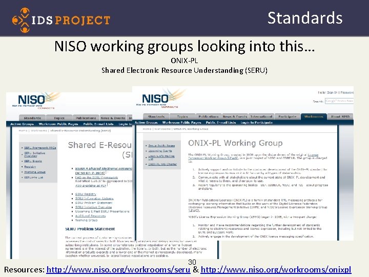 Standards NISO working groups looking into this… ONIX-PL Shared Electronic Resource Understanding (SERU) 30