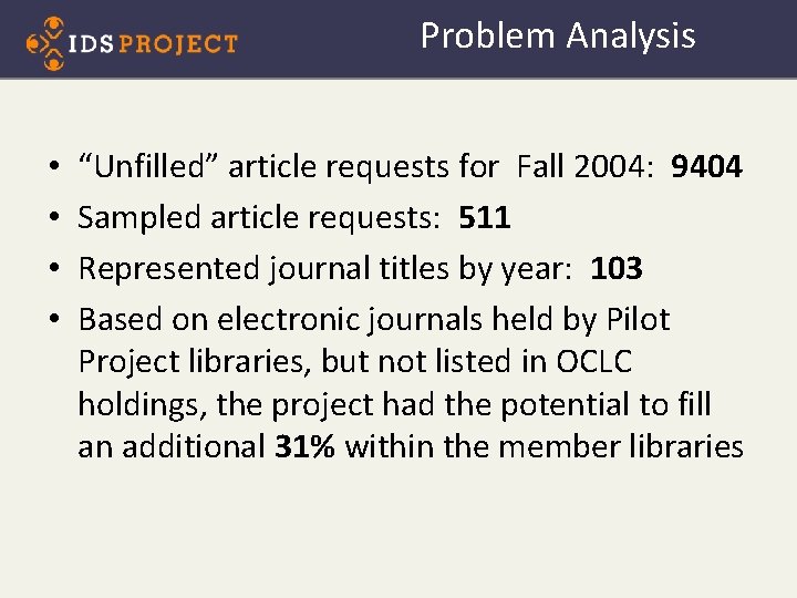 Problem Analysis • • “Unfilled” article requests for Fall 2004: 9404 Sampled article requests: