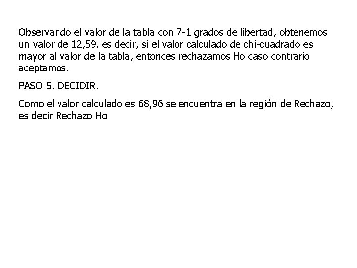 Observando el valor de la tabla con 7 -1 grados de libertad, obtenemos un