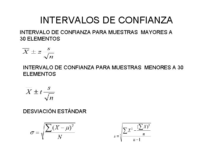 INTERVALOS DE CONFIANZA INTERVALO DE CONFIANZA PARA MUESTRAS MAYORES A 30 ELEMENTOS INTERVALO DE