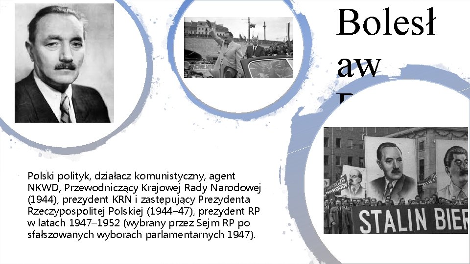 Bolesł aw Bierut Polski polityk, działacz komunistyczny, agent NKWD, Przewodniczący Krajowej Rady Narodowej (1944),