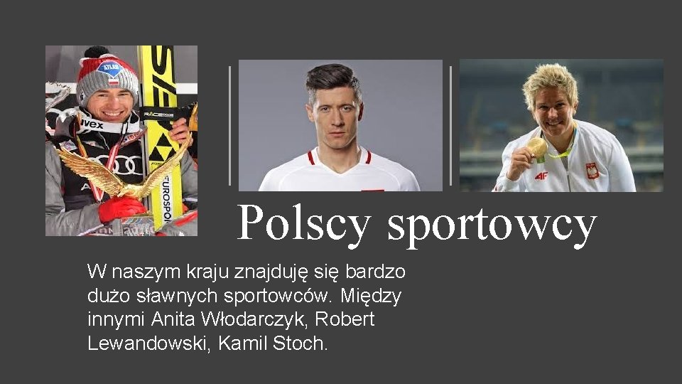 Polscy sportowcy W naszym kraju znajduję się bardzo dużo sławnych sportowców. Między innymi Anita