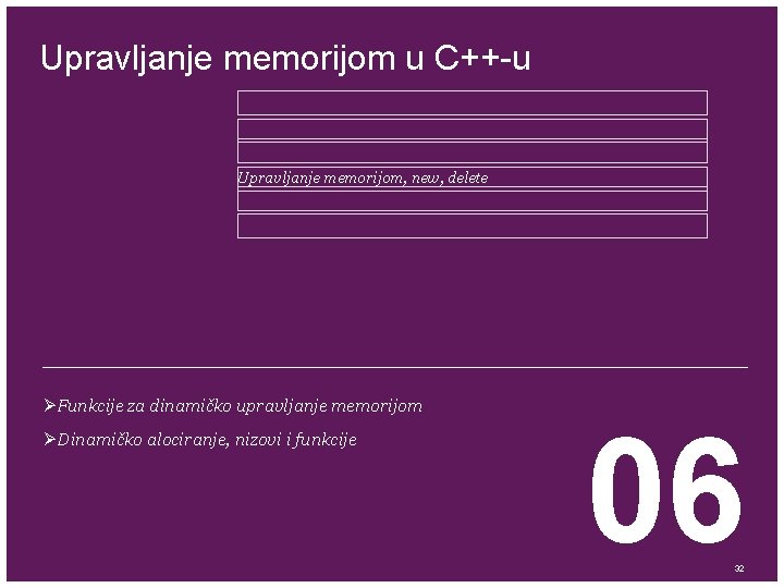 Upravljanje memorijom u C++-u Upravljanje memorijom, new, delete ØFunkcije za dinamičko upravljanje memorijom ØDinamičko