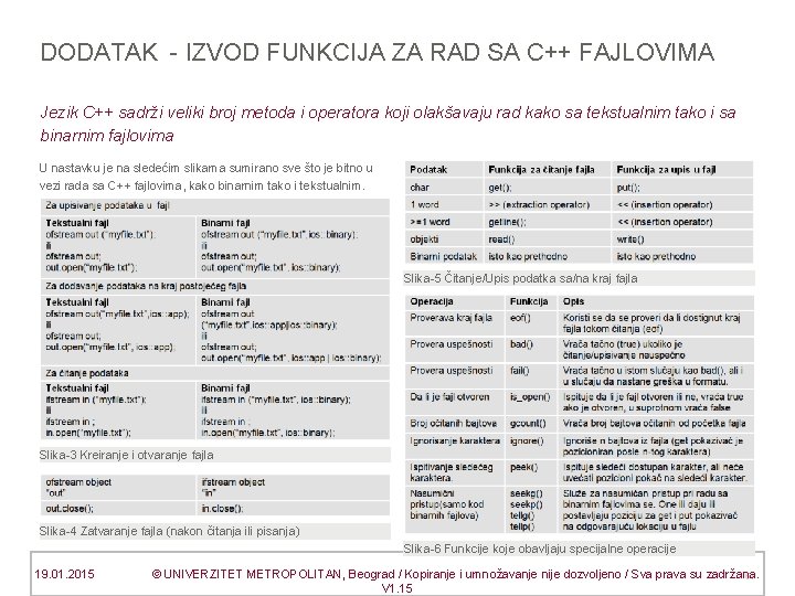 DODATAK - IZVOD FUNKCIJA ZA RAD SA C++ FAJLOVIMA Jezik C++ sadrži veliki broj