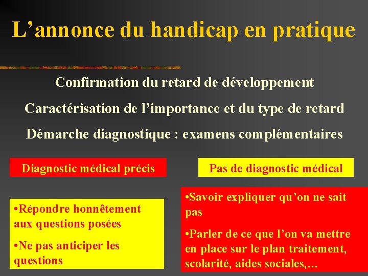 L’annonce du handicap en pratique Confirmation du retard de développement Caractérisation de l’importance et