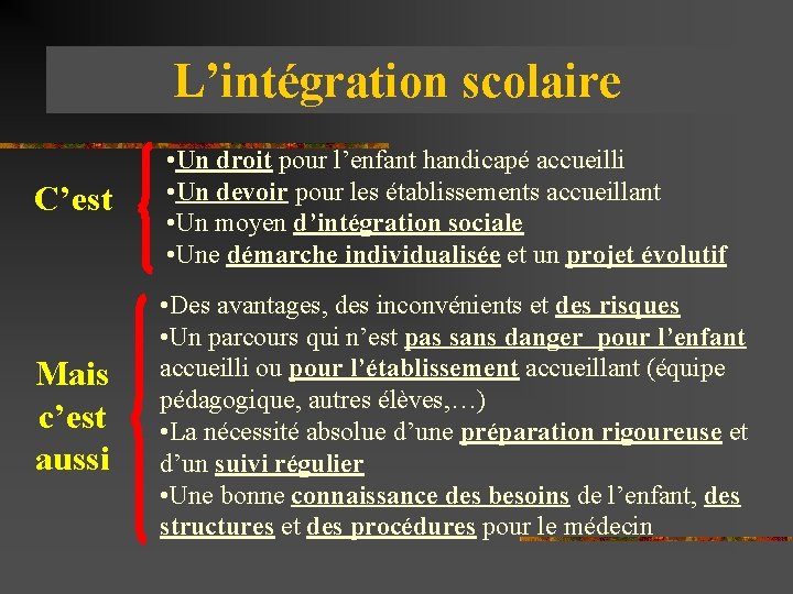 L’intégration scolaire C’est • Un droit pour l’enfant handicapé accueilli • Un devoir pour