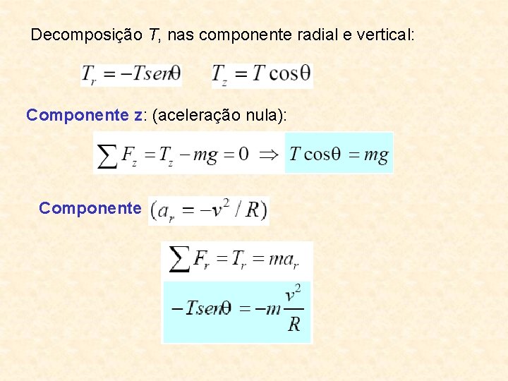 Decomposição T, nas componente radial e vertical: Componente z: (aceleração nula): Componente r: 