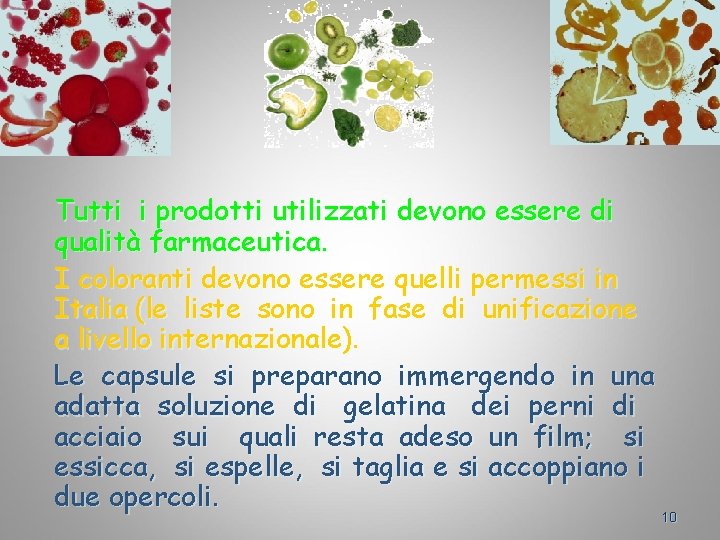 Tutti i prodotti utilizzati devono essere di qualità farmaceutica. I coloranti devono essere quelli