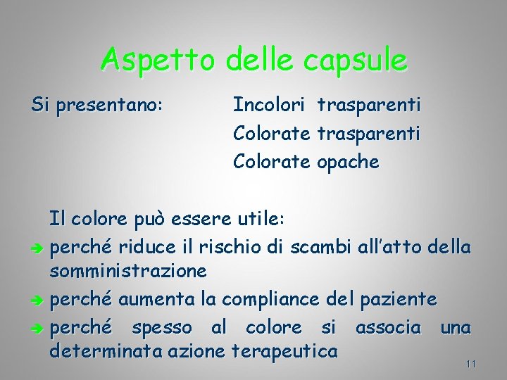 Aspetto delle capsule Si presentano: Incolori trasparenti Colorate opache Il colore può essere utile: