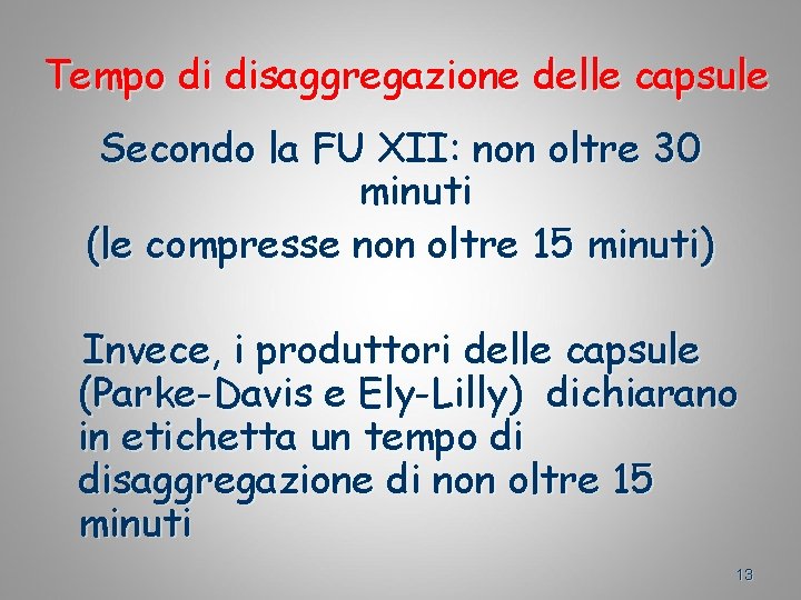 Tempo di disaggregazione delle capsule Secondo la FU XII: non oltre 30 minuti (le