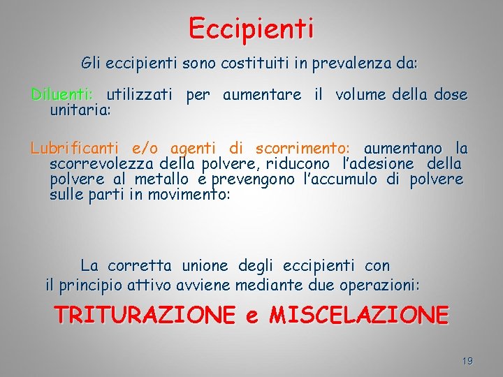 Eccipienti Gli eccipienti sono costituiti in prevalenza da: Diluenti: utilizzati per aumentare il volume
