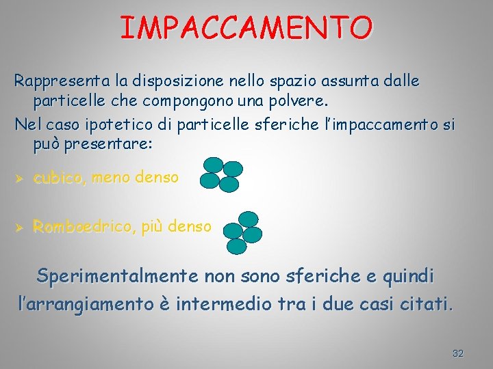 IMPACCAMENTO Rappresenta la disposizione nello spazio assunta dalle particelle che compongono una polvere. Nel