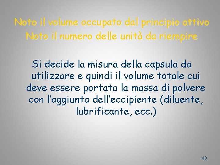 Noto il volume occupato dal principio attivo Noto il numero delle unità da riempire