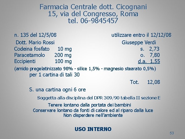 Farmacia Centrale dott. Cicognani 15, via del Congresso, Roma tel. 06 -9845457 n. 135