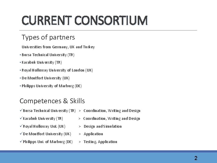 CURRENT CONSORTIUM Types of partners Universities from Germany, UK and Turkey • Bursa Technical