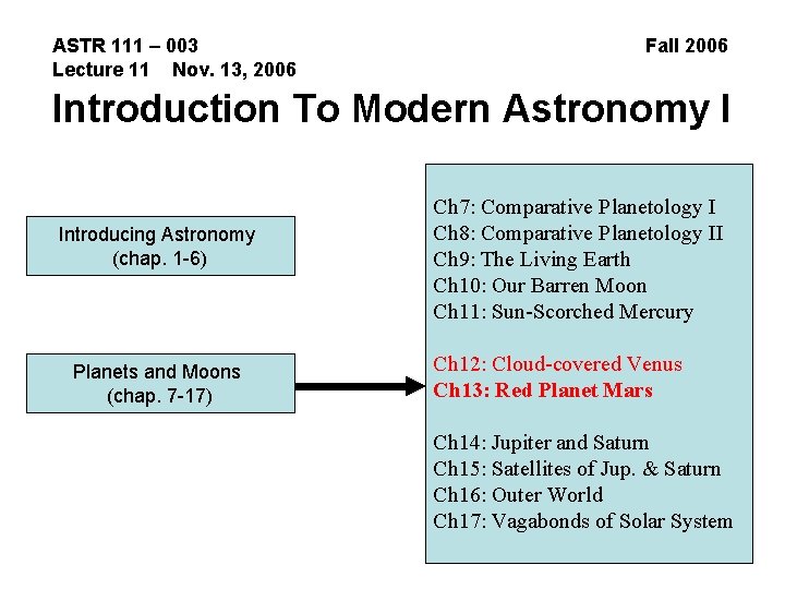 ASTR 111 – 003 Lecture 11 Nov. 13, 2006 Fall 2006 Introduction To Modern