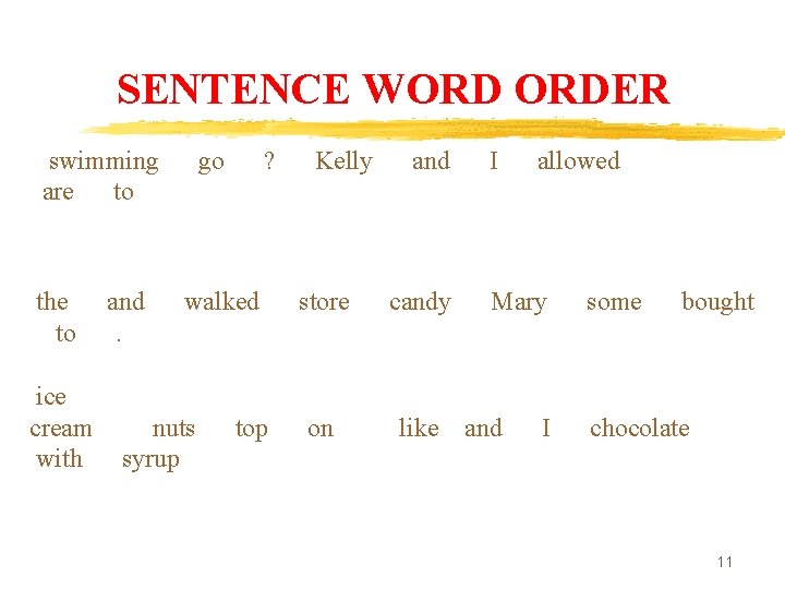 SENTENCE WORD ORDER swimming go ? Kelly and I allowed are to the and