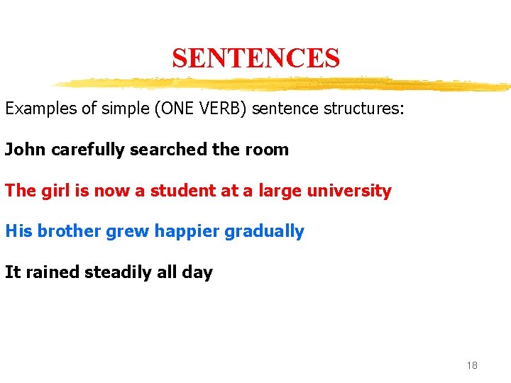 SENTENCES Examples of simple (ONE VERB) sentence structures: John carefully searched the room The