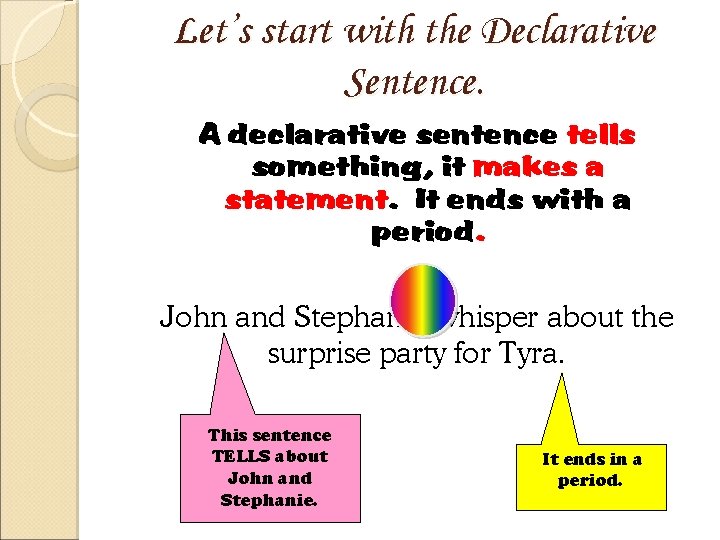 Let’s start with the Declarative Sentence. A declarative sentence tells something, it makes a