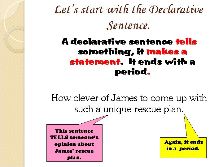 Let’s start with the Declarative Sentence. A declarative sentence tells something, it makes a