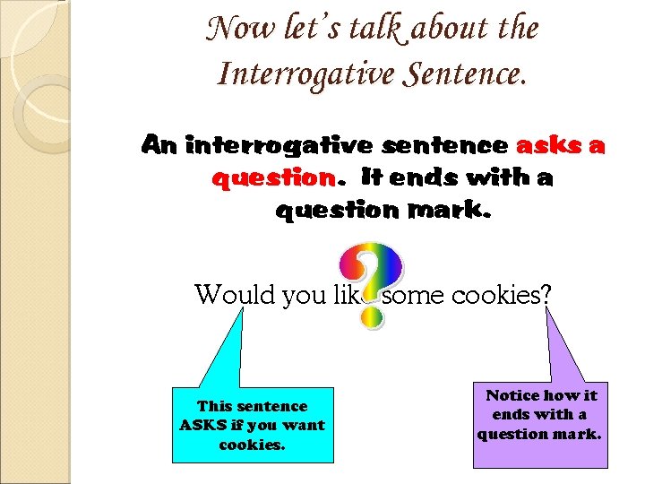 Now let’s talk about the Interrogative Sentence. An interrogative sentence asks a question. It