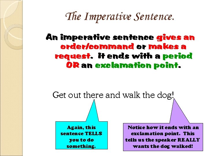The Imperative Sentence. An imperative sentence gives an order/command or makes a request. It