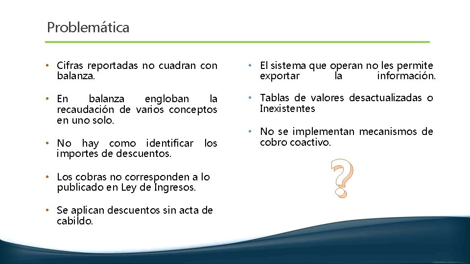 Problemática • Cifras reportadas no cuadran con • El sistema que operan no les