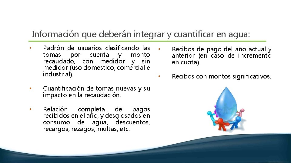 Información que deberán integrar y cuantificar en agua: • Padrón de usuarios clasificando las