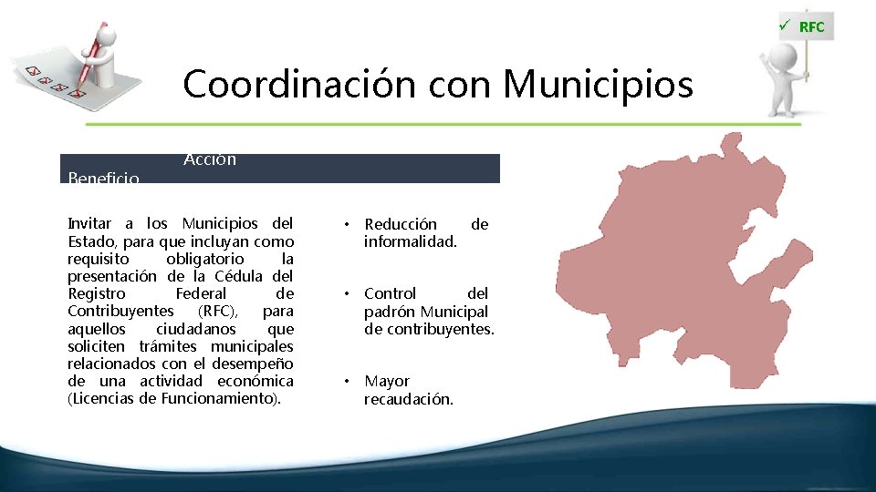 ü RFC Coordinación con Municipios Acción Beneficio Invitar a los Municipios del Estado, para