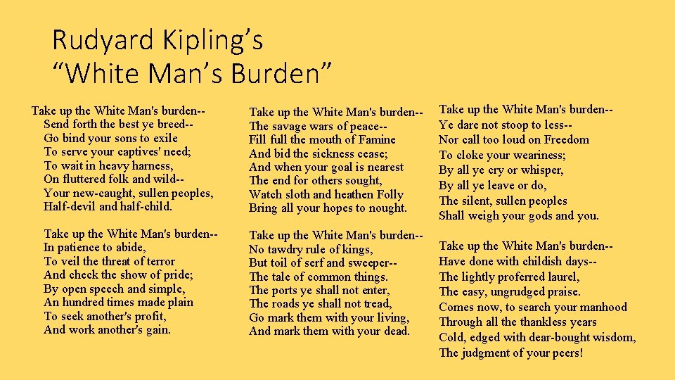 Rudyard Kipling’s “White Man’s Burden” Take up the White Man's burden-Send forth the best