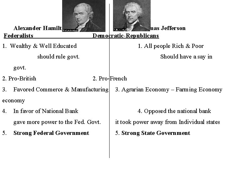 Alexander Hamilton Federalists Thomas Jefferson Democratic-Republicans 1. Wealthy & Well Educated 1. All people